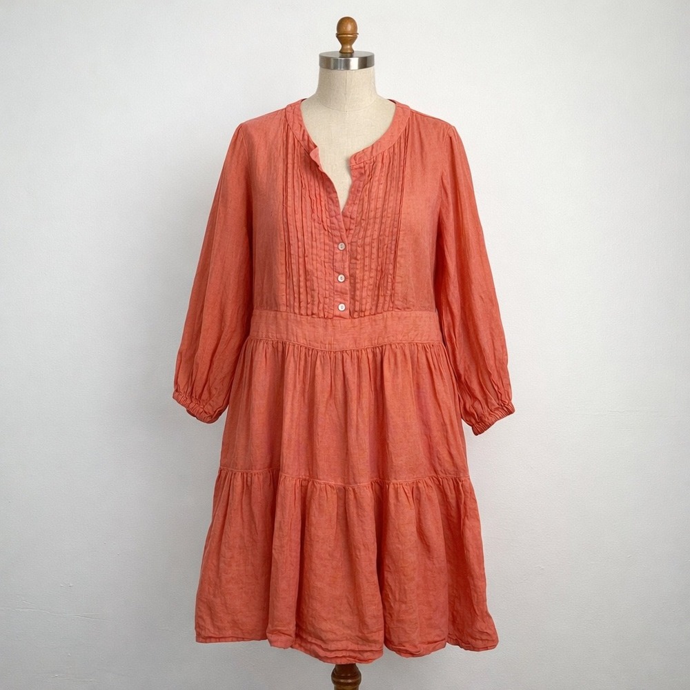 Finley Linen Pleated Button Front‎ Tiered Midi Dress Coral Made in USA Size S